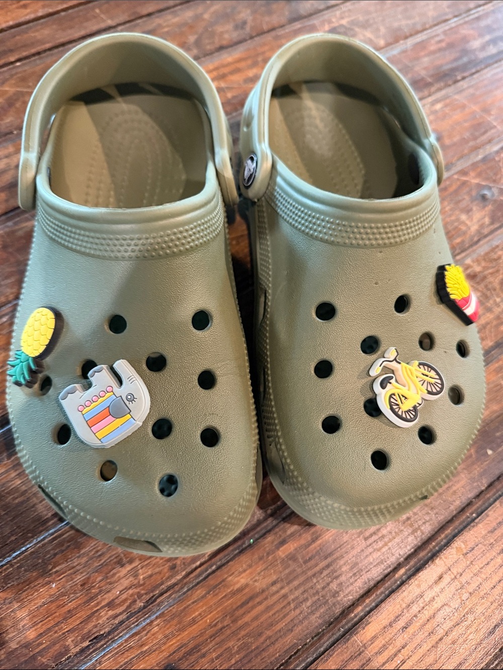 CROCS Kids Olive Green Clogs with Colorful Jibbitz Decorations